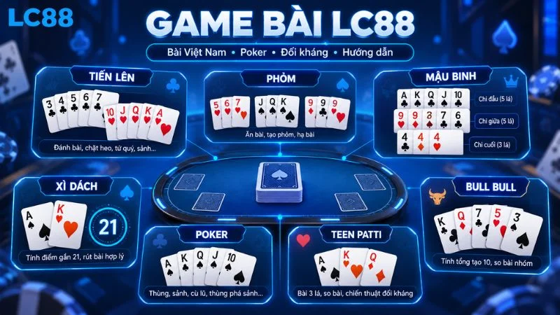 Game Bài LC88 với Tiến Lên Phỏm Mậu Binh Poker và các trò chơi bài khác