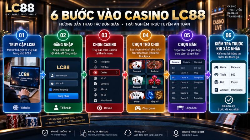 Quy trình 6 bước vào Casino LC88 từ truy cập đến kiểm tra bàn chơi