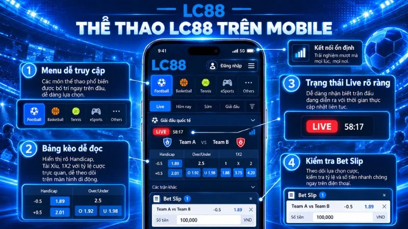 Giao diện thể thao LC88 trên điện thoại với bảng kèo và trạng thái live